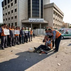 إقدام عامل مفصول من العمل فی مشروع قطار الانفاق بالأحواز على إحراق نفسه بعد 5 أشهر من قطع الراتب